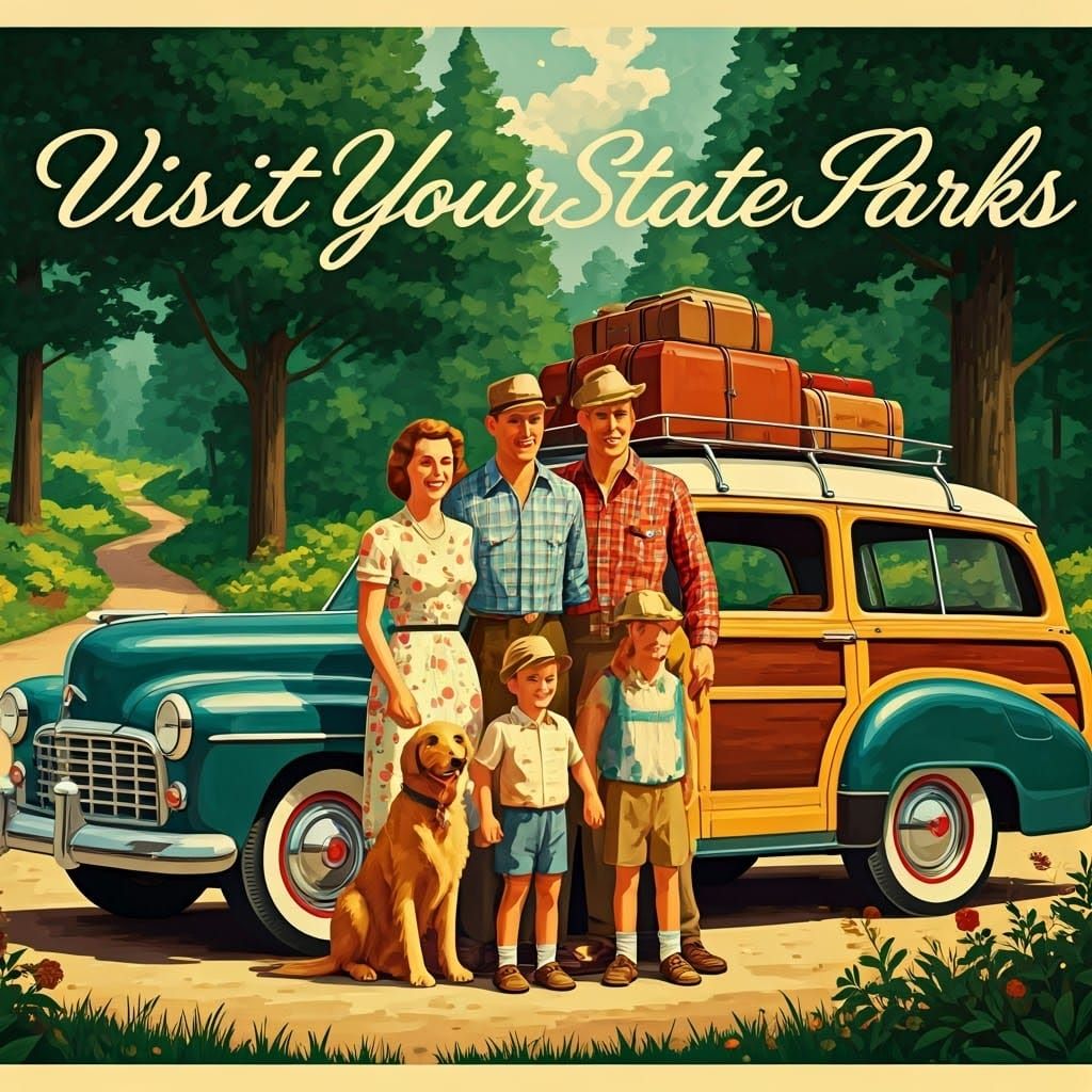 Warm Norman Rockwell-Style Family Portrait in Front of Lush...