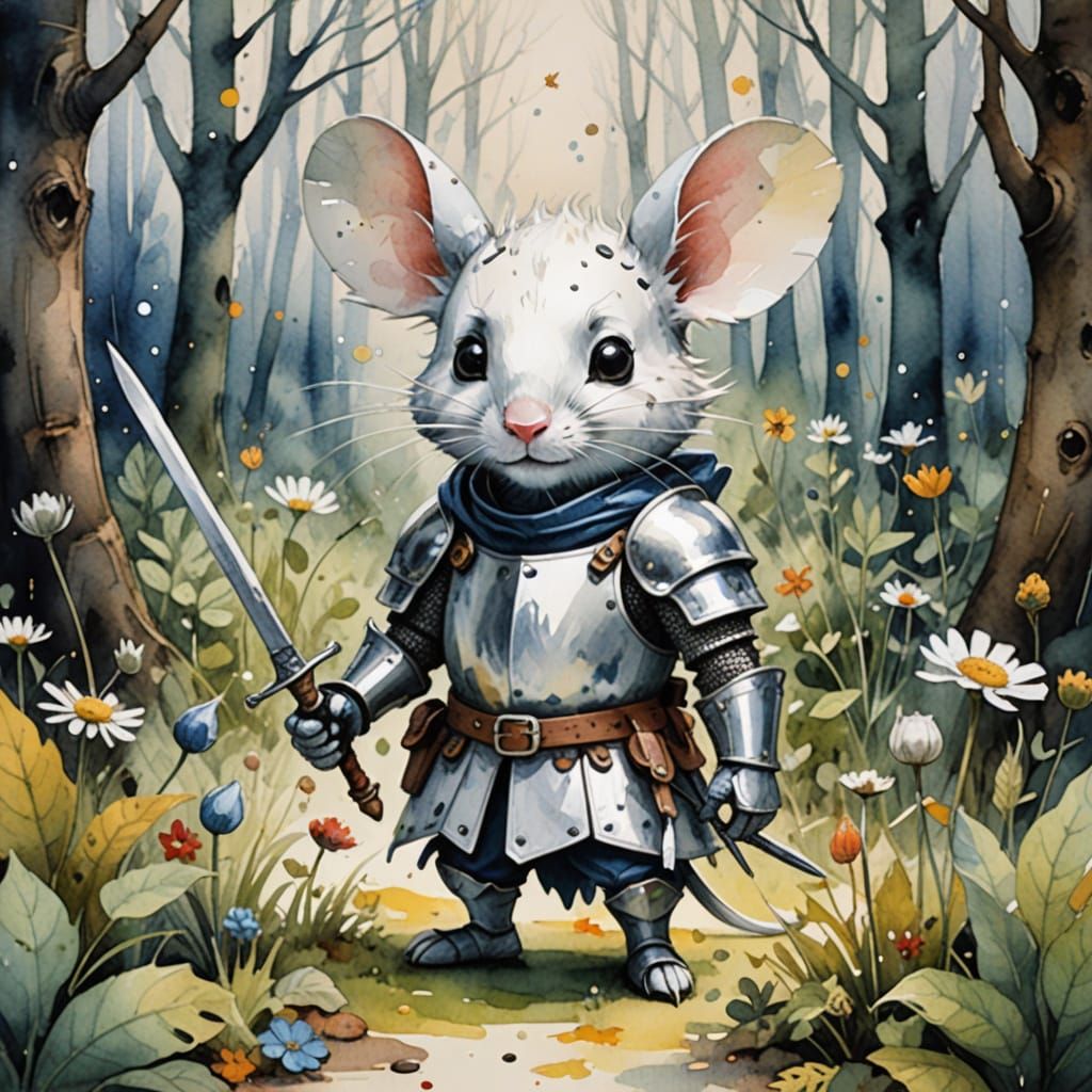 Surreal Mouse Knight in Watercolor Armor