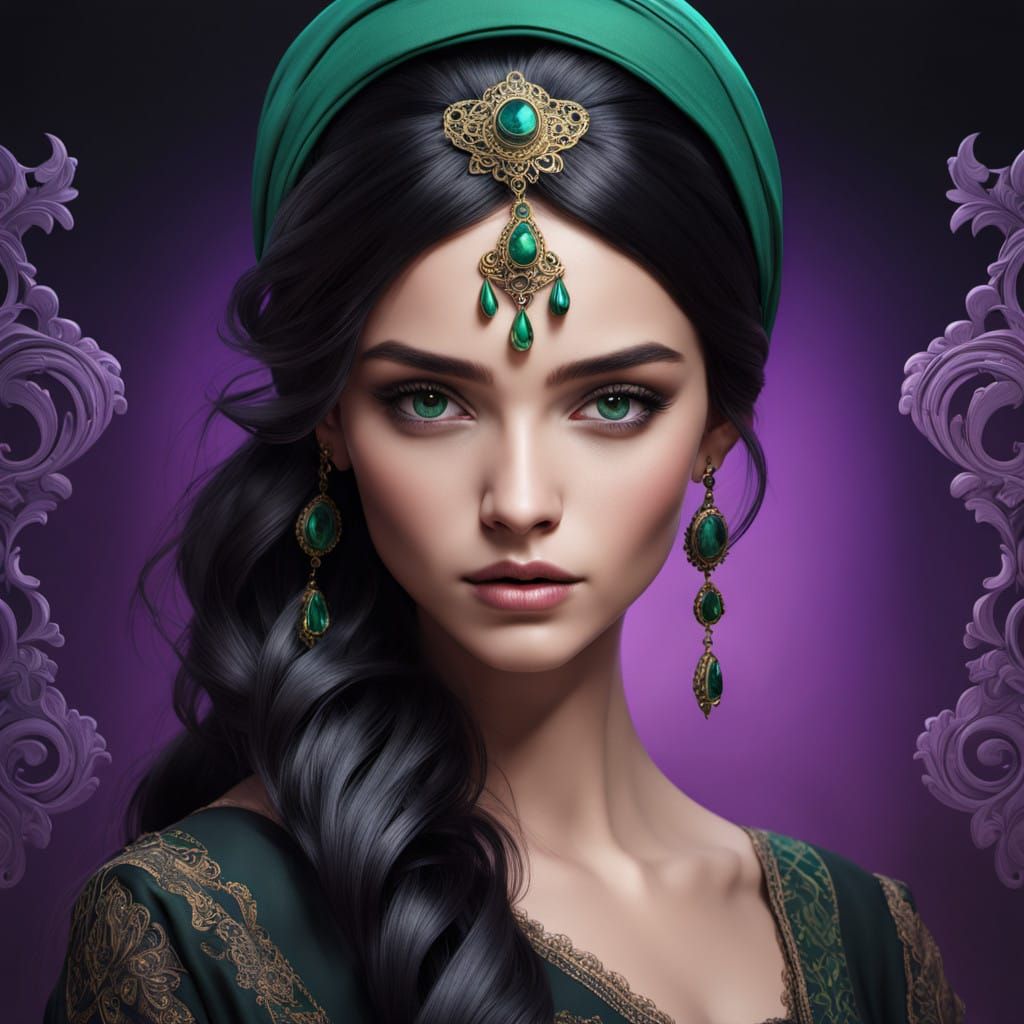 Enchanting Gypsy Beauty in Radiant, Emerald-Eyed Splendor