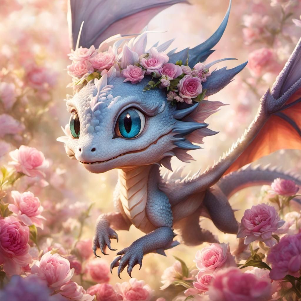 Adorable Dragon Running in Flowers: Anime Style