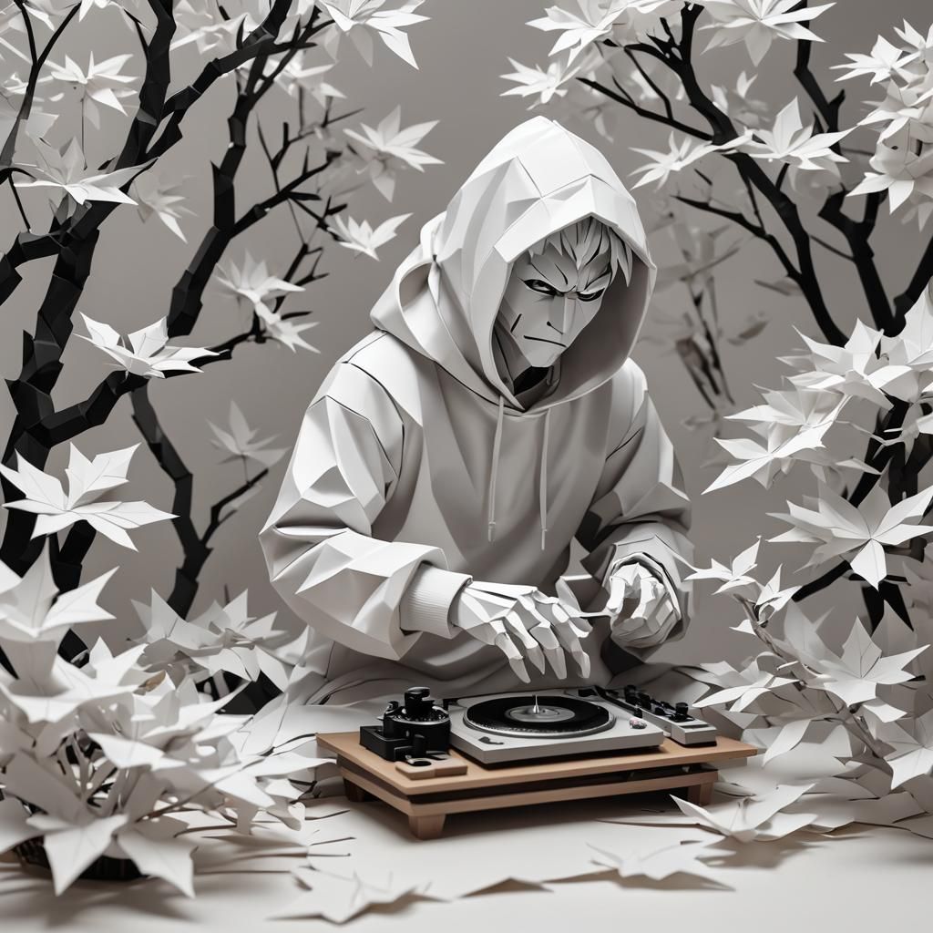 Dai-Tengu DJing with Maple Bonsai in Origami Style
