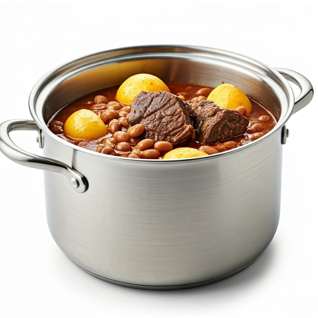 Traditional Jewish Cholent in a Stainless Steel Pot, Still L...