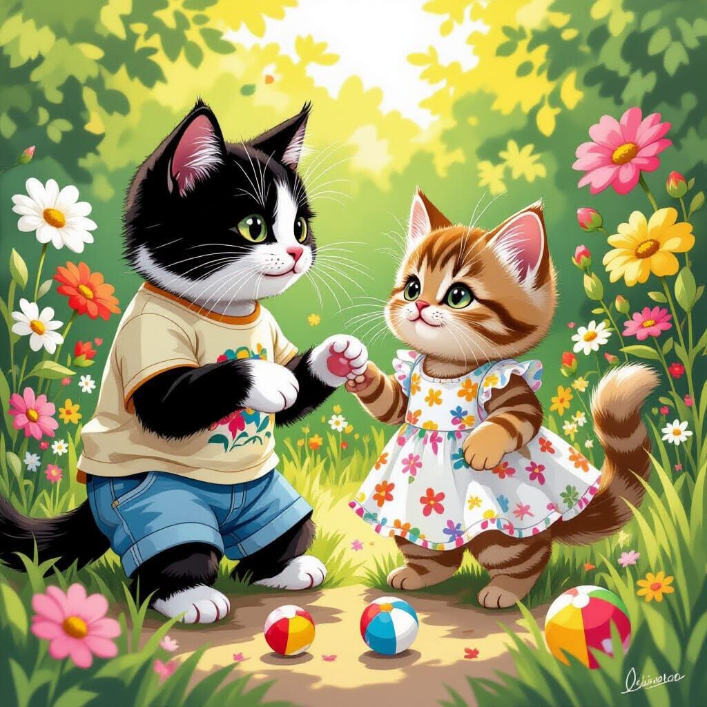 Whimsical Cats Play in Sunny Garden, Illustrated Style