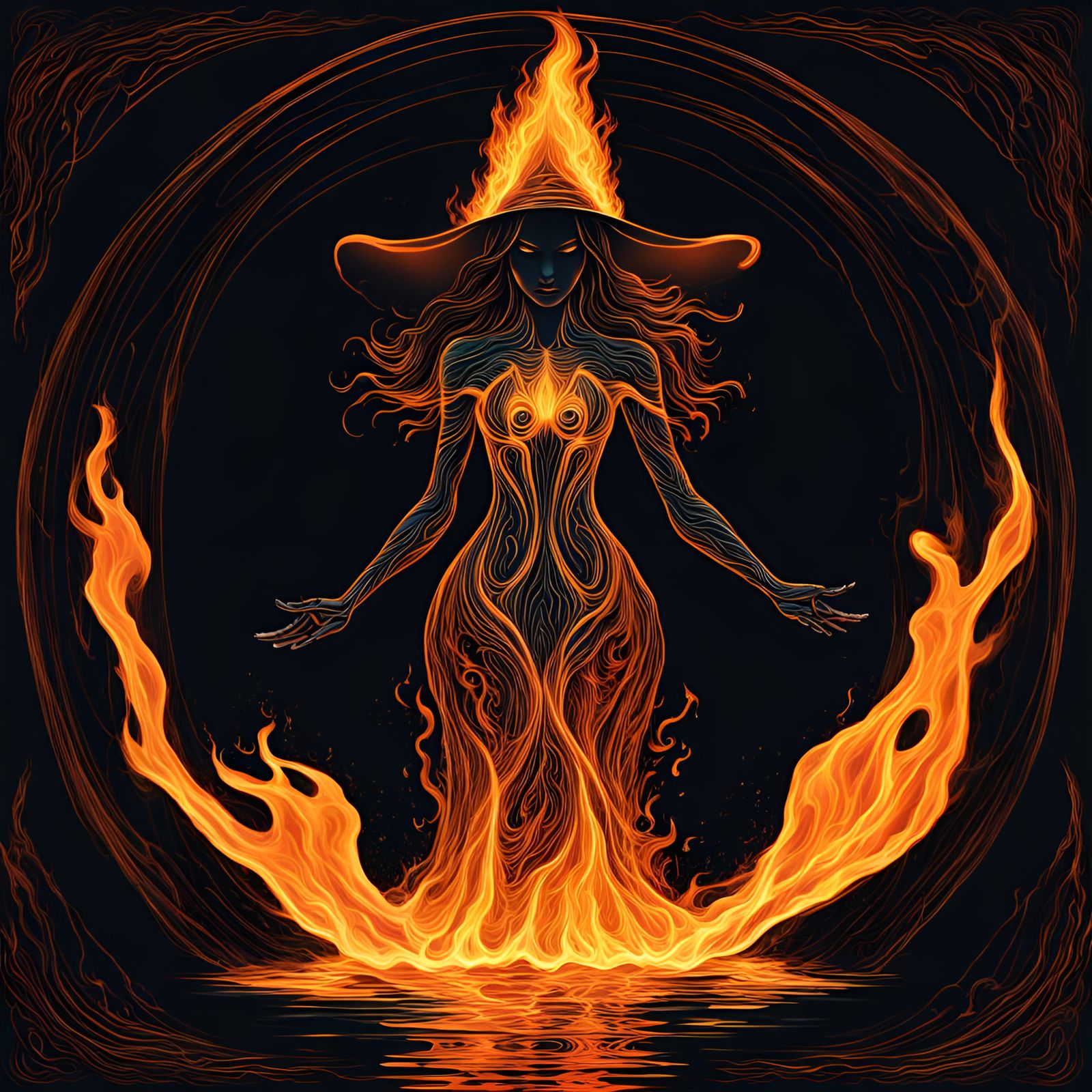 Abstract Fire Witch Body Levitating in the Dark