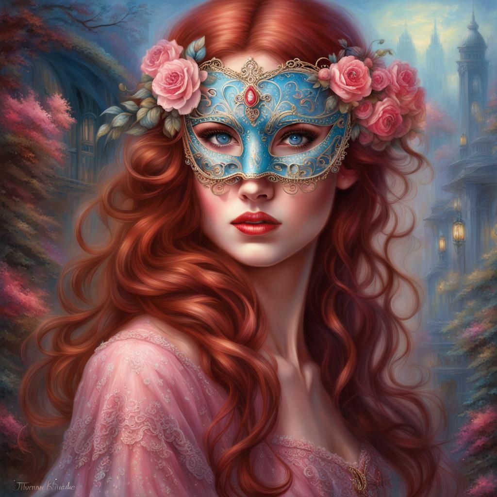 Auburn-Haired Girl in Masquerade Mask, Ethereal Fantasy