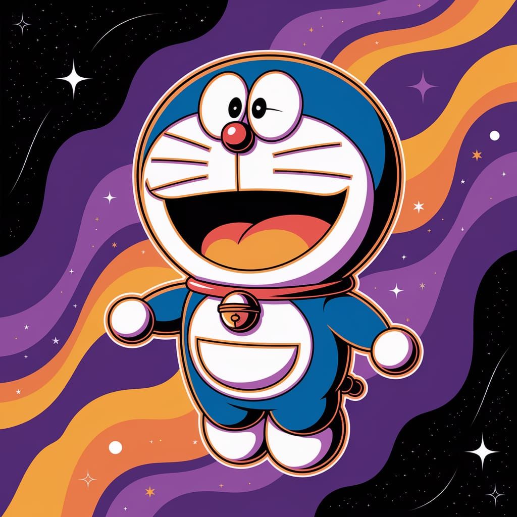 Futuristic Doraemon in Vibrant Purple and Orange