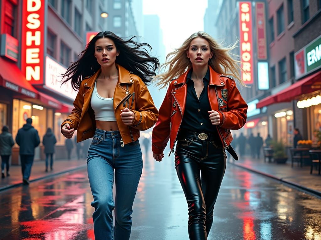 Surreal Cityscape with Raygun Gothic Women in Motion