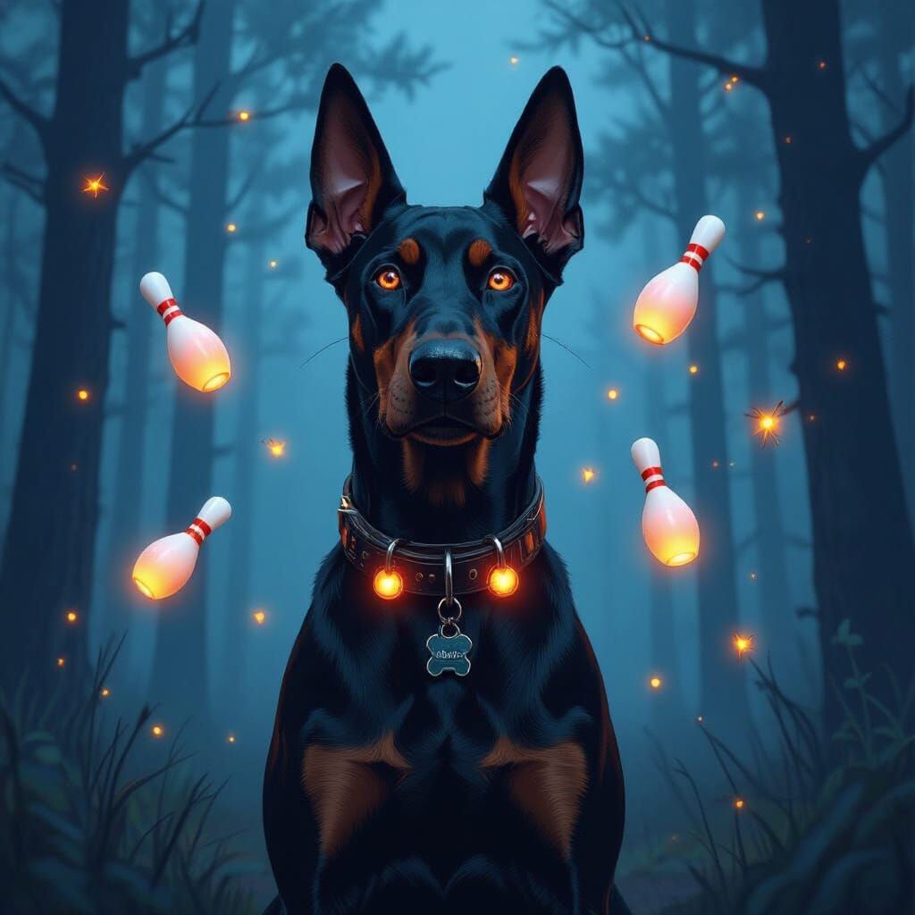 Doberman Juggling Bowling Pins in Misty Forest