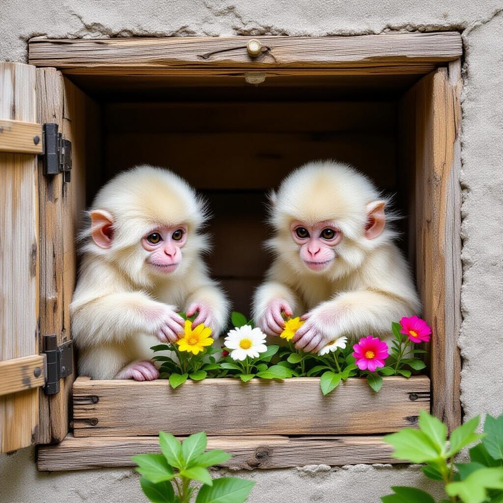 Cute Fluffy Monkeys Gardening in a Wooden Closet
