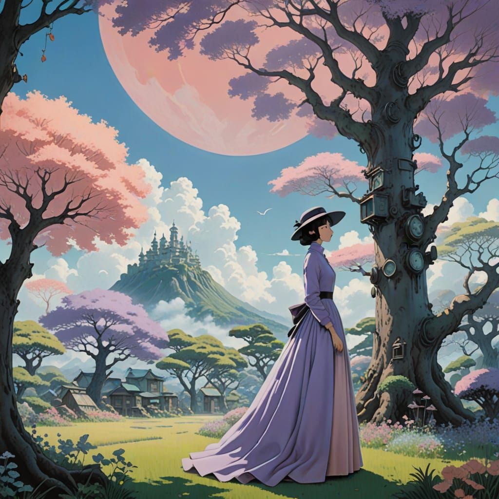 Surreal Floaty Dreamscape with Gear-Tree in Pastel Colors