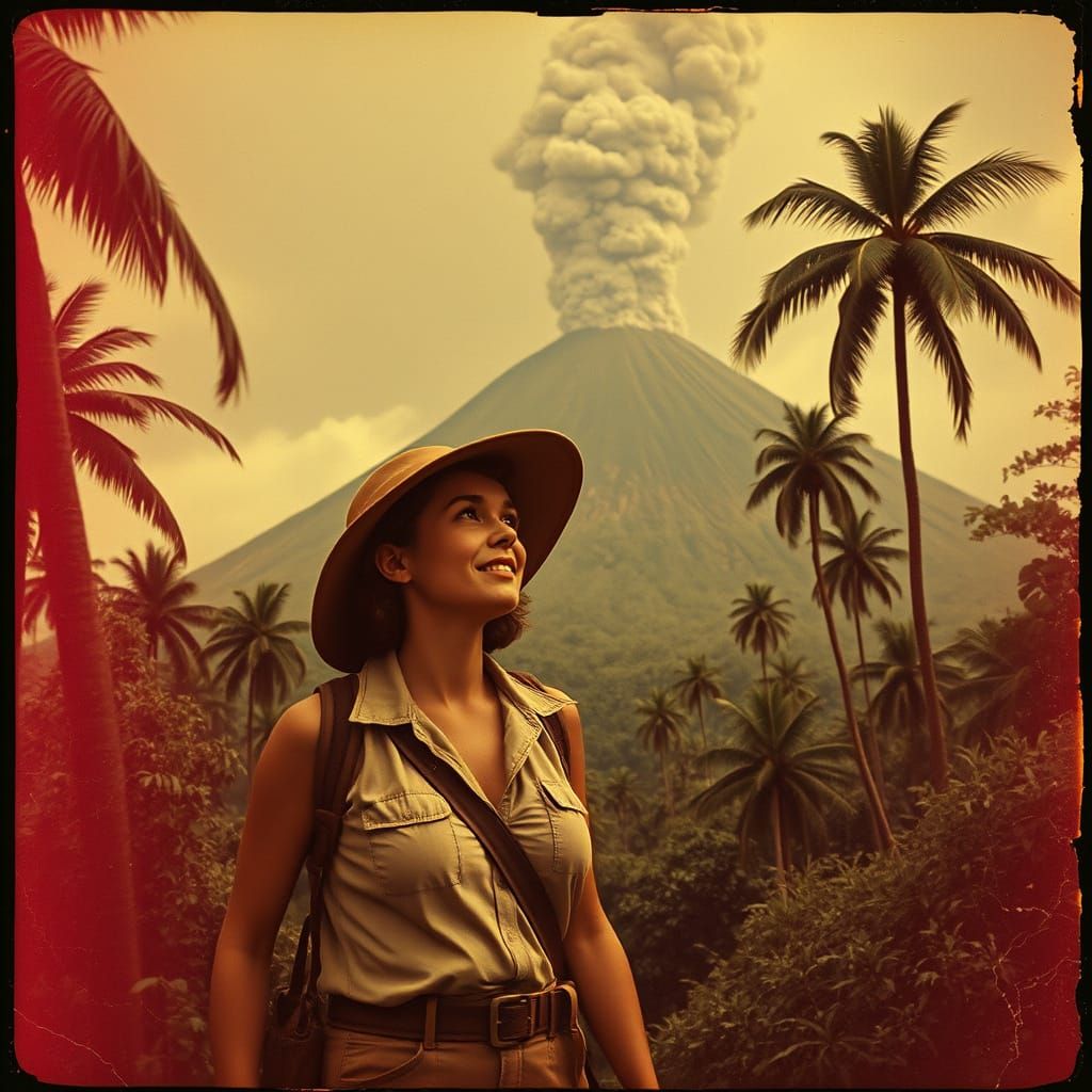 Jungle Explorer Near Volcano, Vintage Film Aesthetic