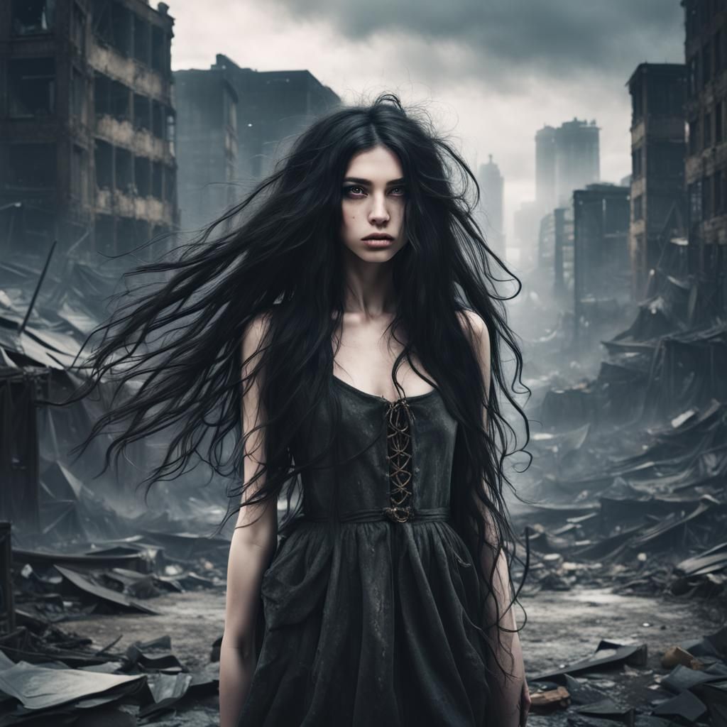 Lovecraftian Girl in Apocalyptic Cityscape