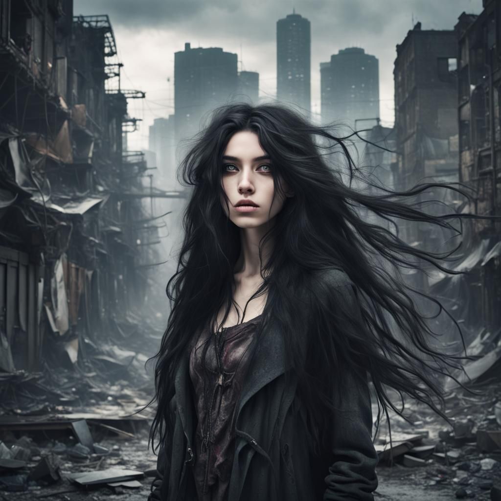 Lovecraftian Girl in Apocalyptic Cityscape