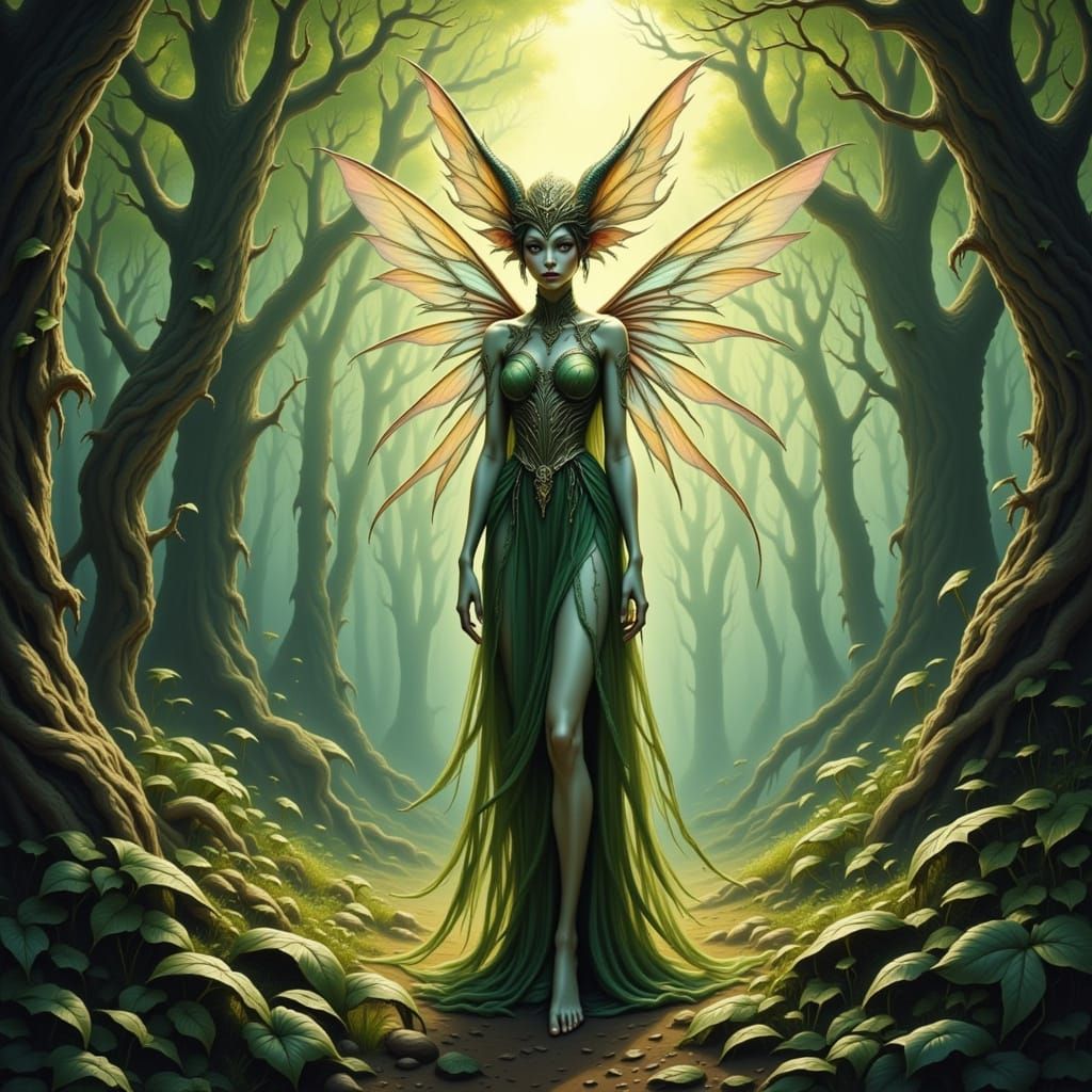 Delicate Alien Fairy in Vibrant Forest, Fantasy Art