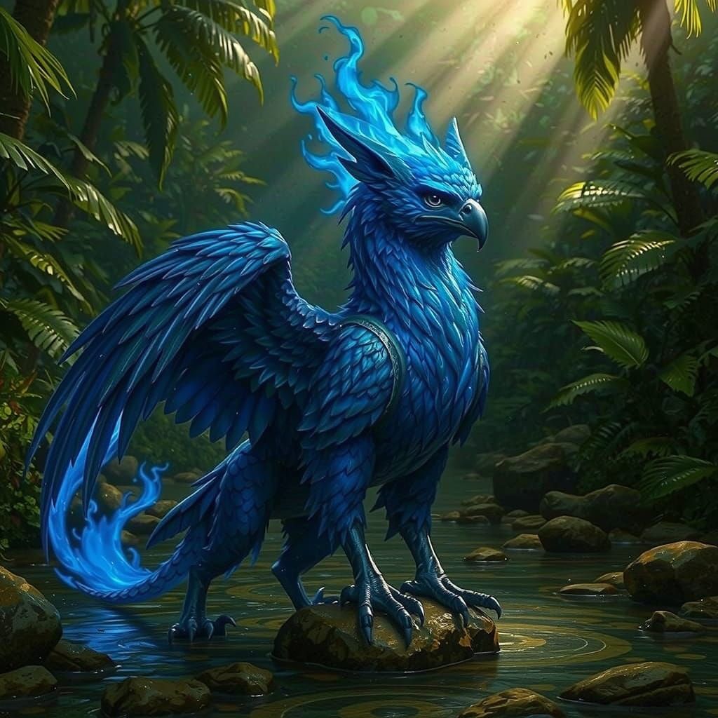 Blue Fire Griffin in Tropical Riverbed with Volumetric Light...