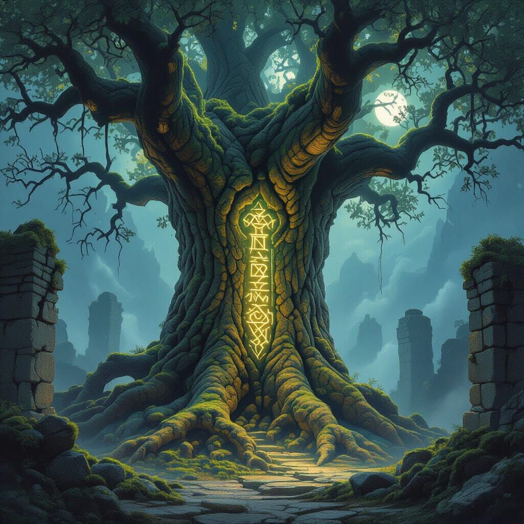 Ancient Runic Tree Entwined With Ruins Under Moonlight