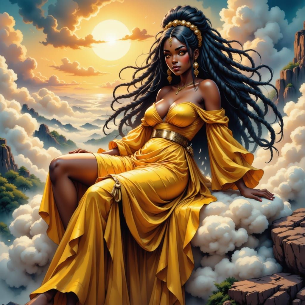 Rasta Goddess in Ethereal Yellow Gown on Cloud