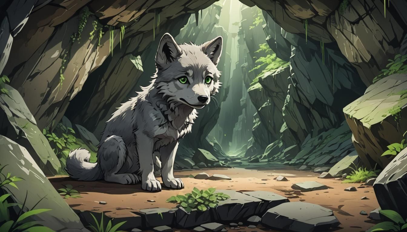 Anime Wolf Pup in Cave with Cinematic Lighting