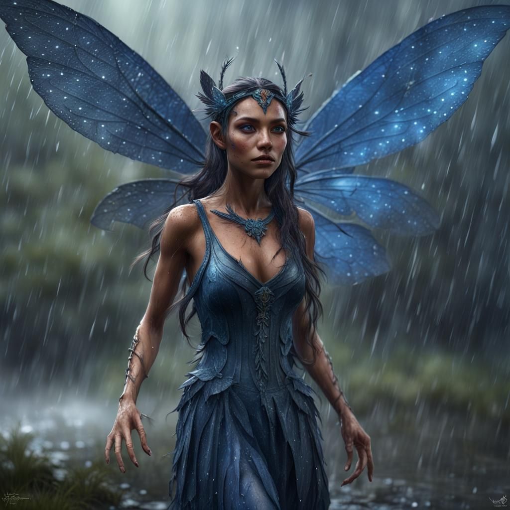 Hyperrealistic Amerindian Blue Fairy in the Rain