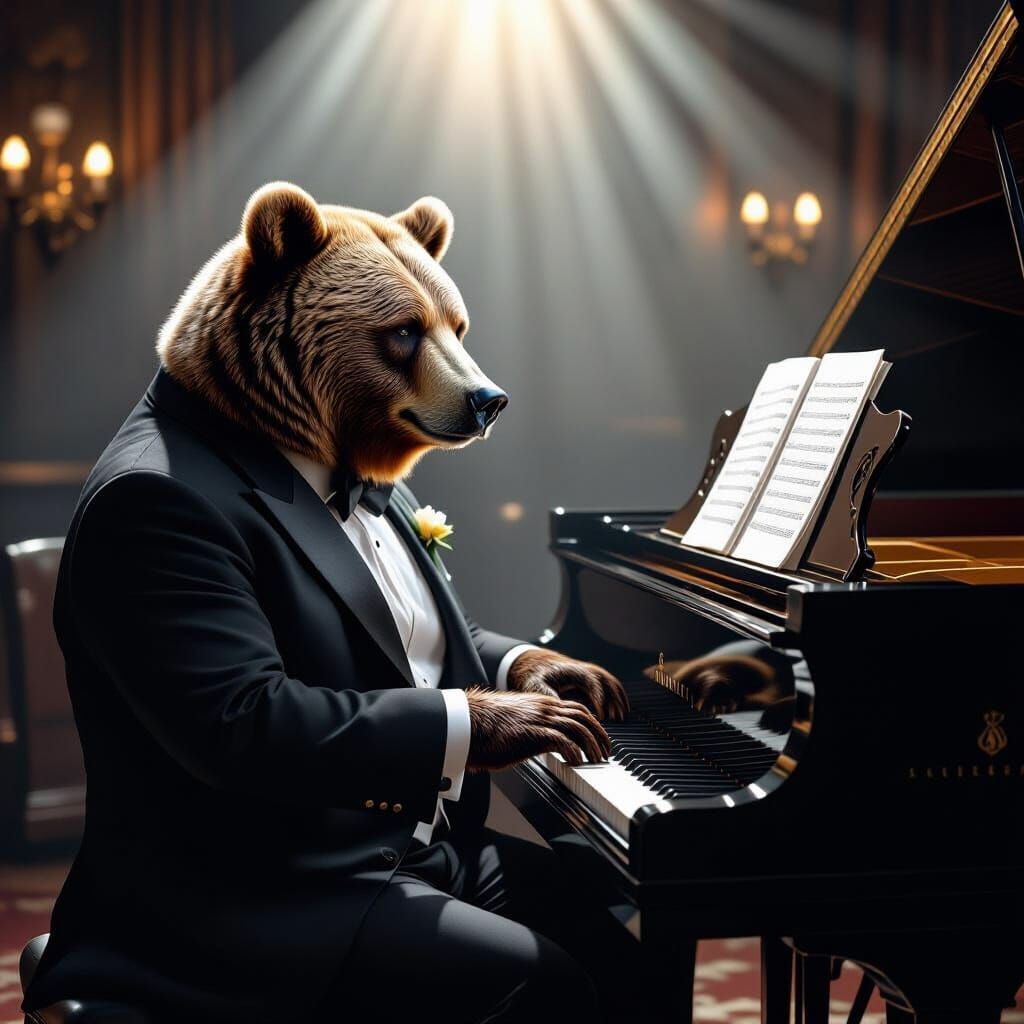 Cinematic Kodiak Bear Plays Piano in Tuxedo