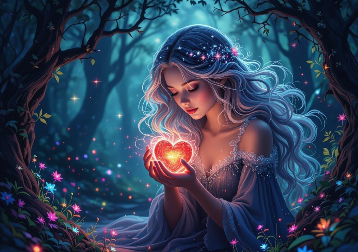 Starlight Woman Holds Glowing Heart in Magical Forest