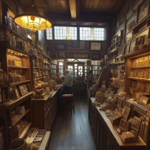 Cozy Gold Shop in Vibrant Folk Art Style