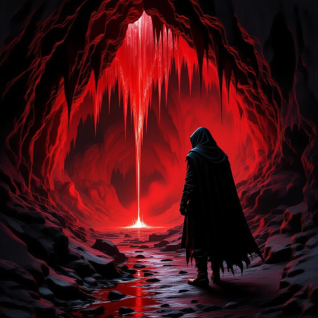 Mystical Cave with Crimson Stalactites in Dark Fantasy Style