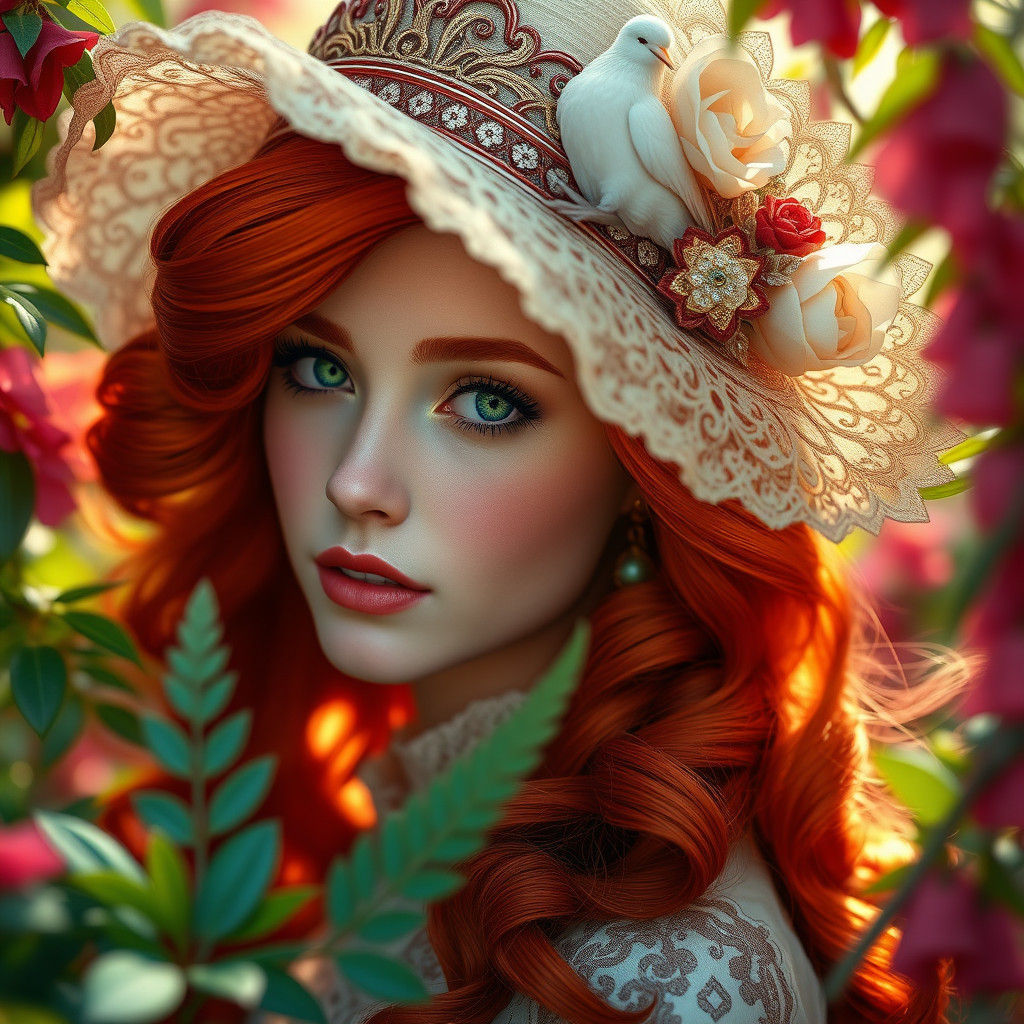Enchanting Redhead in Dreamlike Fantasy Landscape
