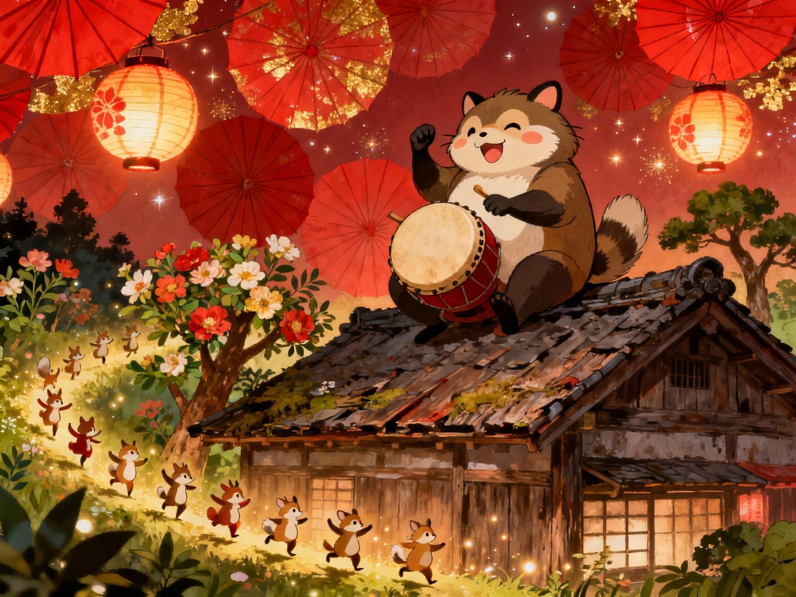 Jovial Tanuki Drums Joyfully on House Roof in Summer Festiva...