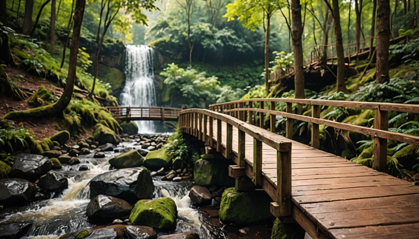 Scenic Wooden Bridge Near Waterfall in Forest