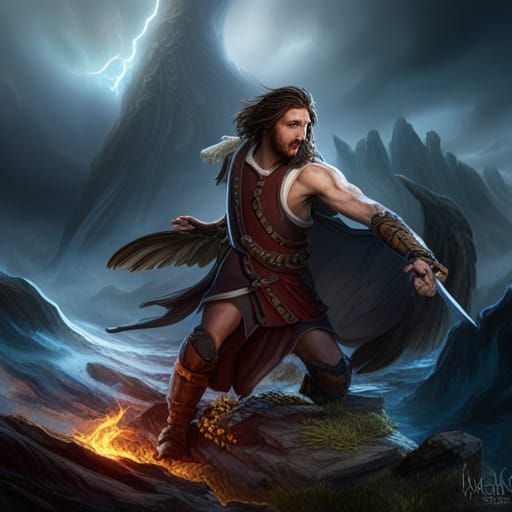 Scottish Jesus Battles Giant Eagle: Fantasy Art