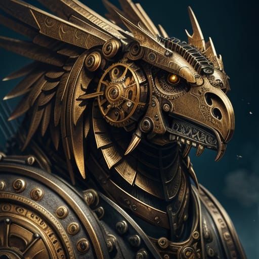 Steampunk Mechanical Griffin Perched on Stone Wall