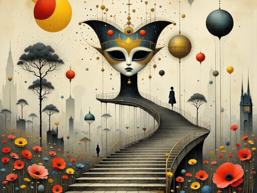 Surreal Wonderland Scene in Escher-Inspired Staircase with K...