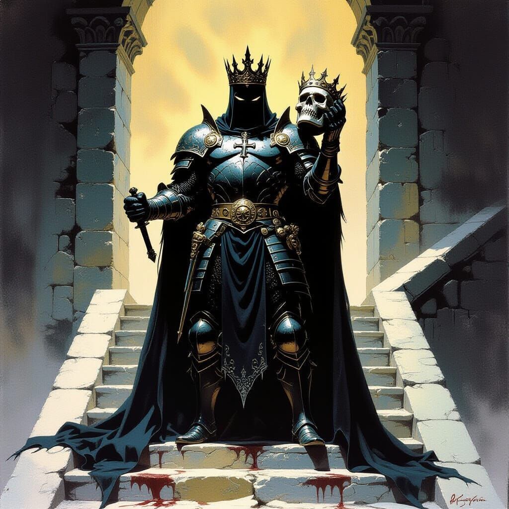 Crowned Figure with Severed Head in Frazetta Style