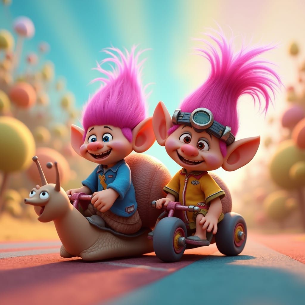 Trolls on Snails Race: Pixar-Style 3D Art