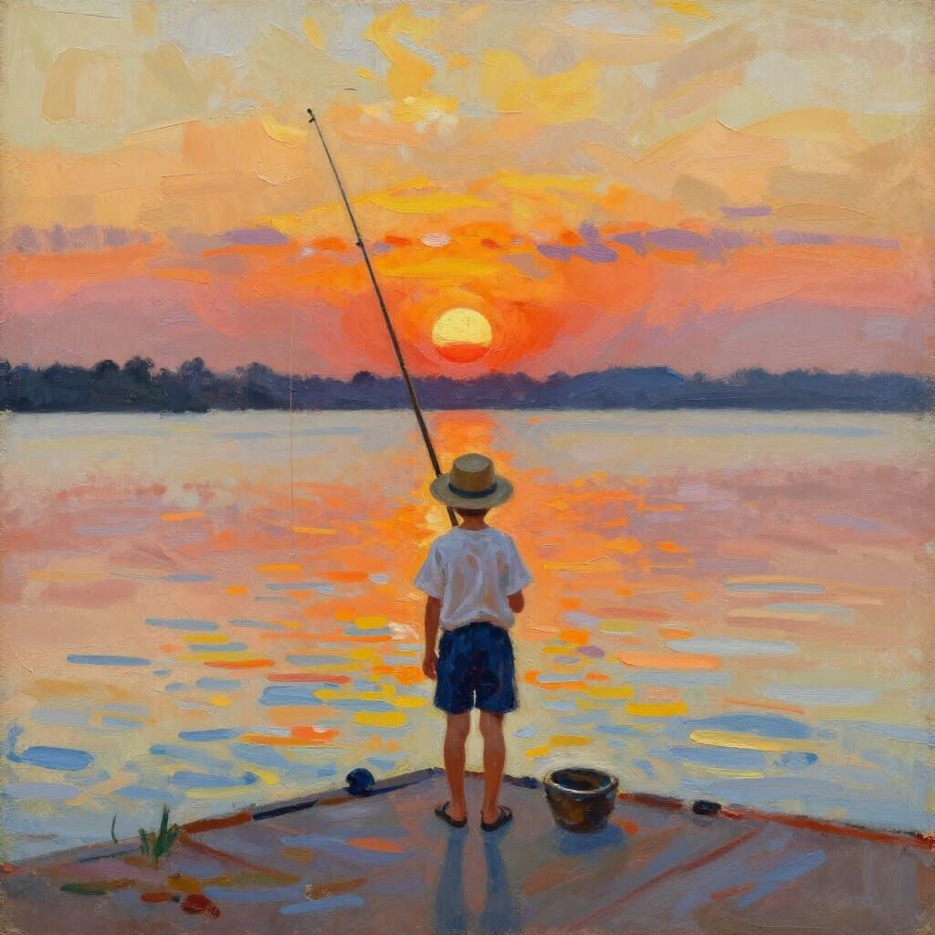 Boy Fishing at Sunset in Acrylic Style