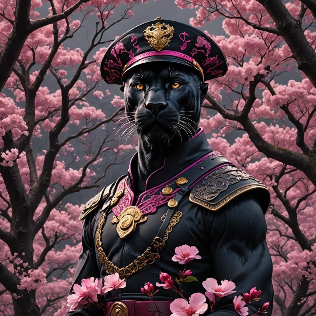 Black Panther Warlord Portrait with Cherry Blossoms
