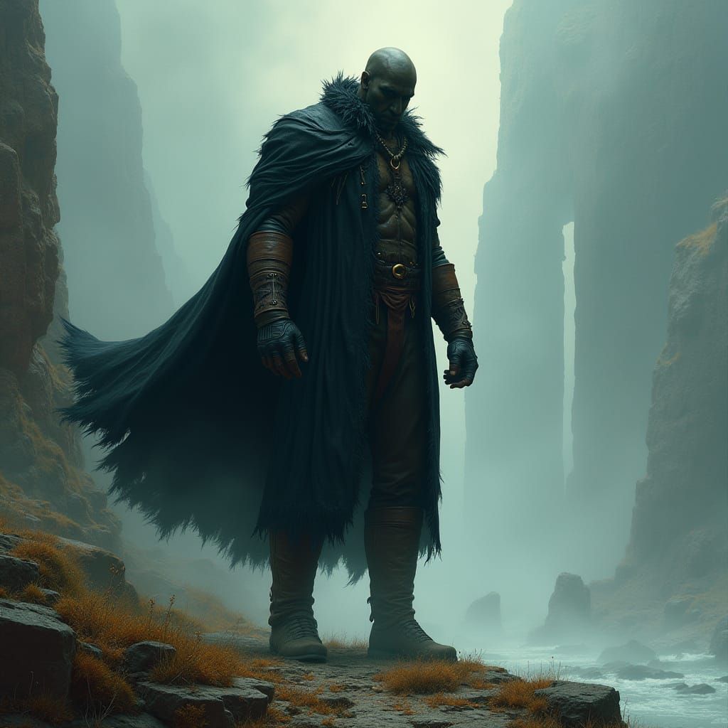 Mysterious Giant in Dark Fantasy Landscape