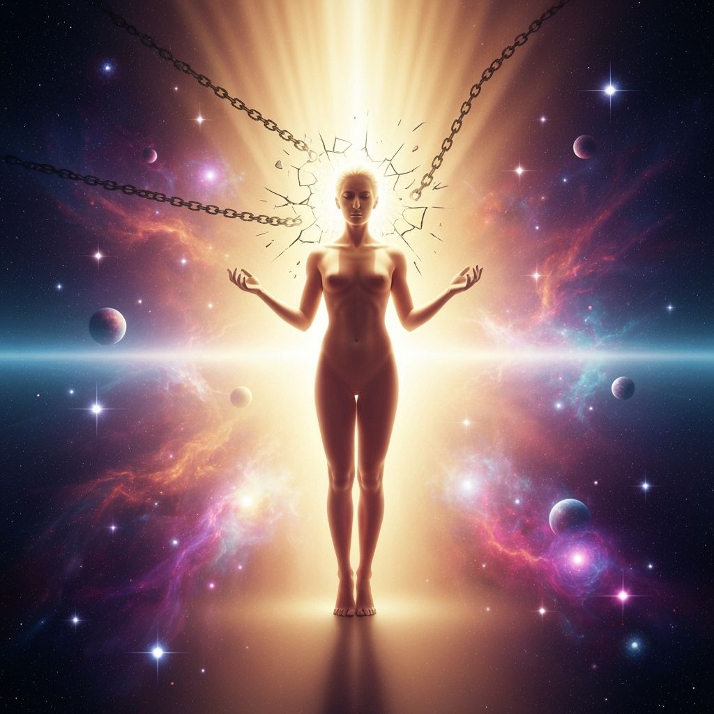 Ethereal Figure Shatters Control Chains in Cosmic Energy