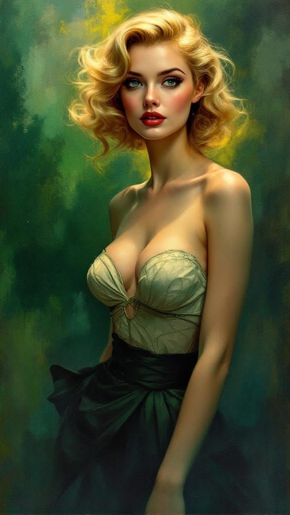 A 1950s Pin-Up Girl Poses in a Jewel-Toned Green Landscape