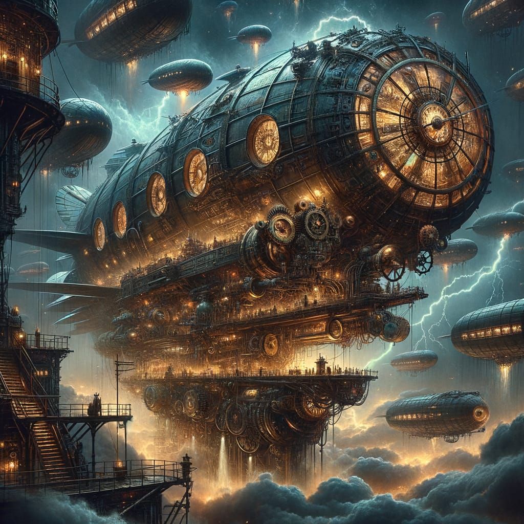 Steampunk Airship Navigating Twilight Sky: Detailed Dark Fan...