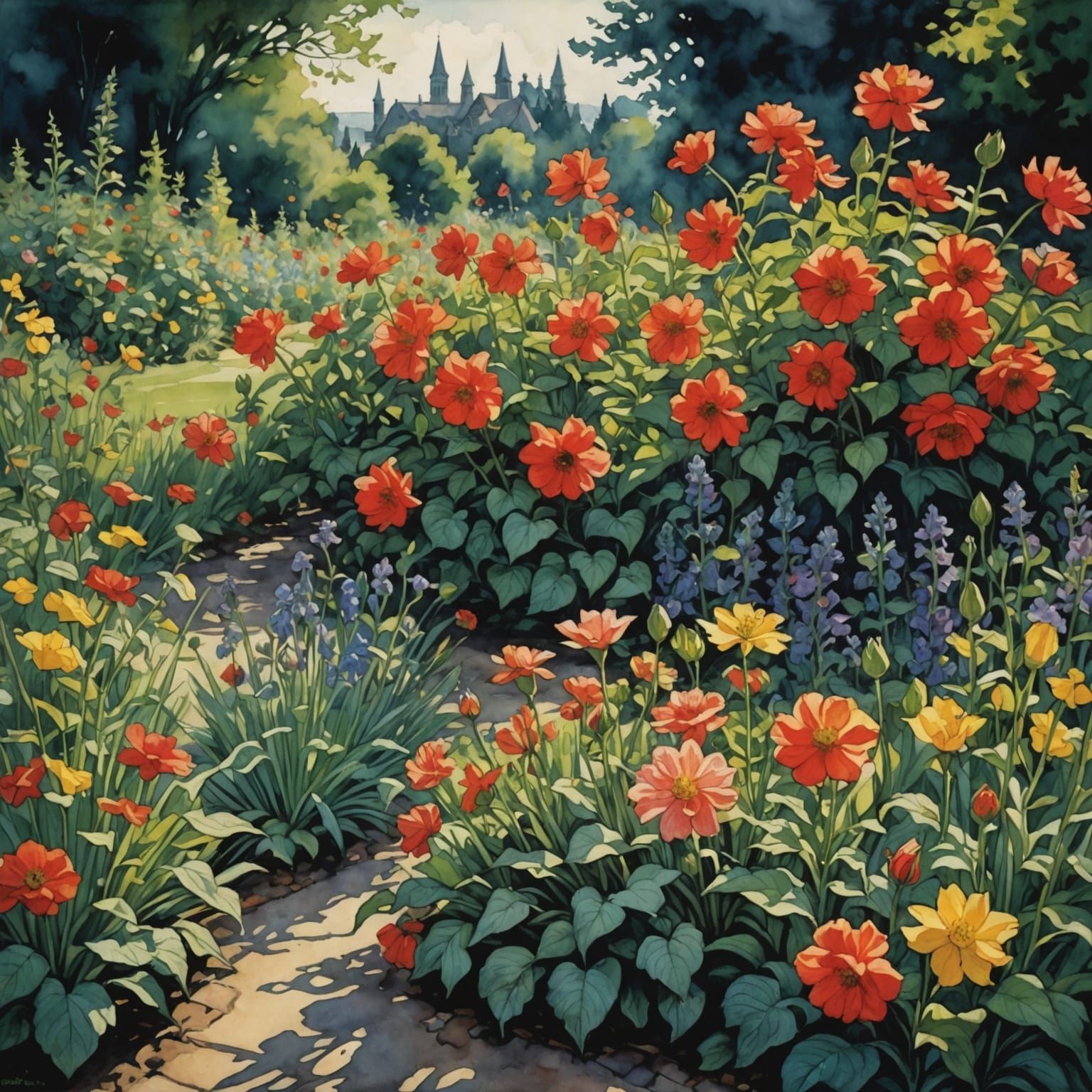 Surreal Garden Scene in Chiaroscuro Style