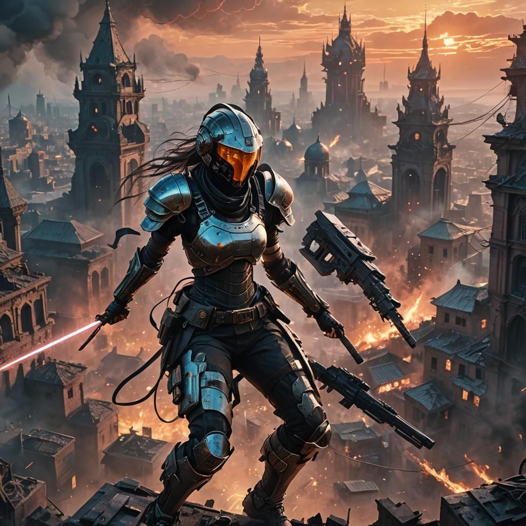 Cyberpunk Soldier in War-Torn Cityscape