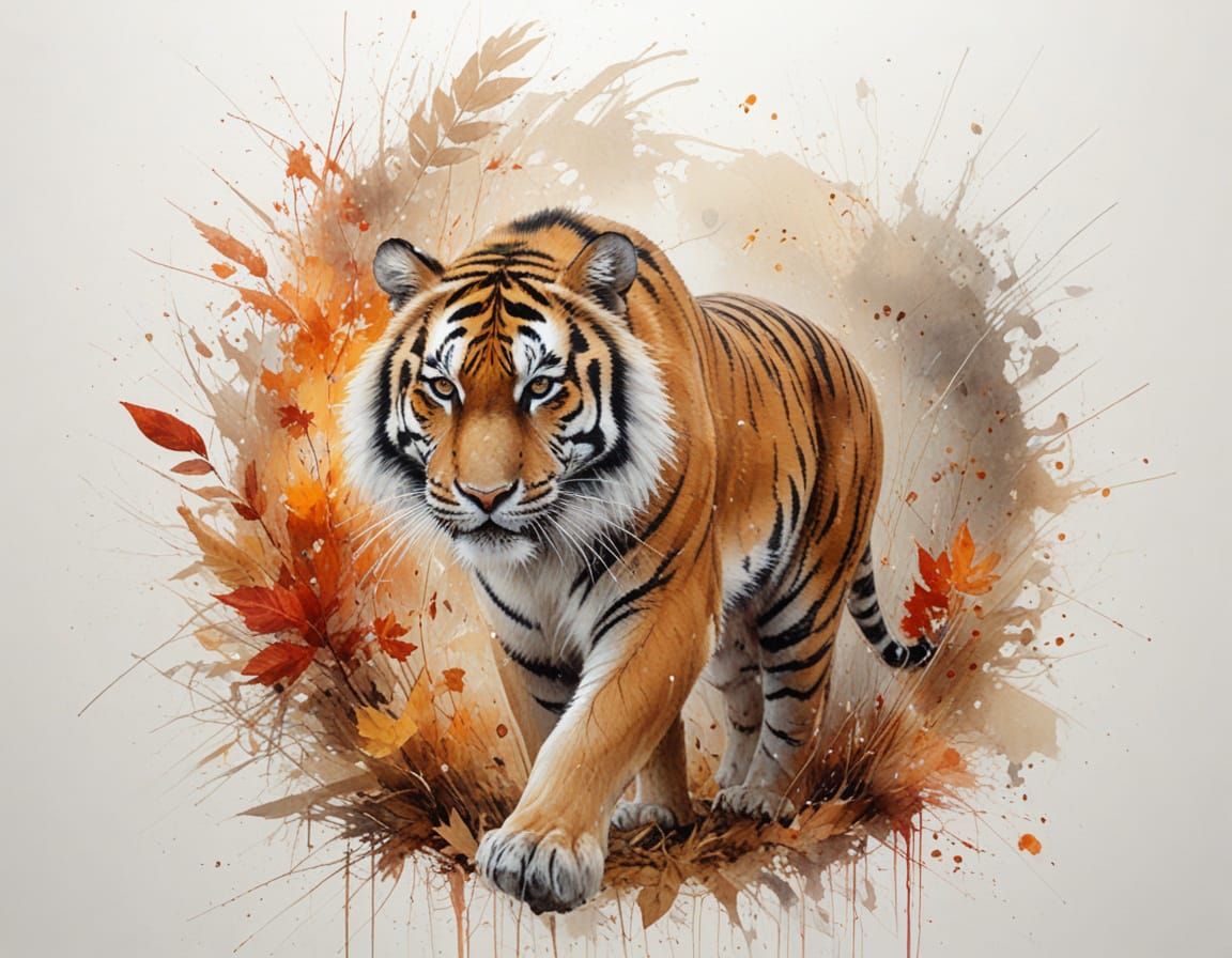 Majestic Tiger Blending with Autumn Leaves in Mystical Fores...