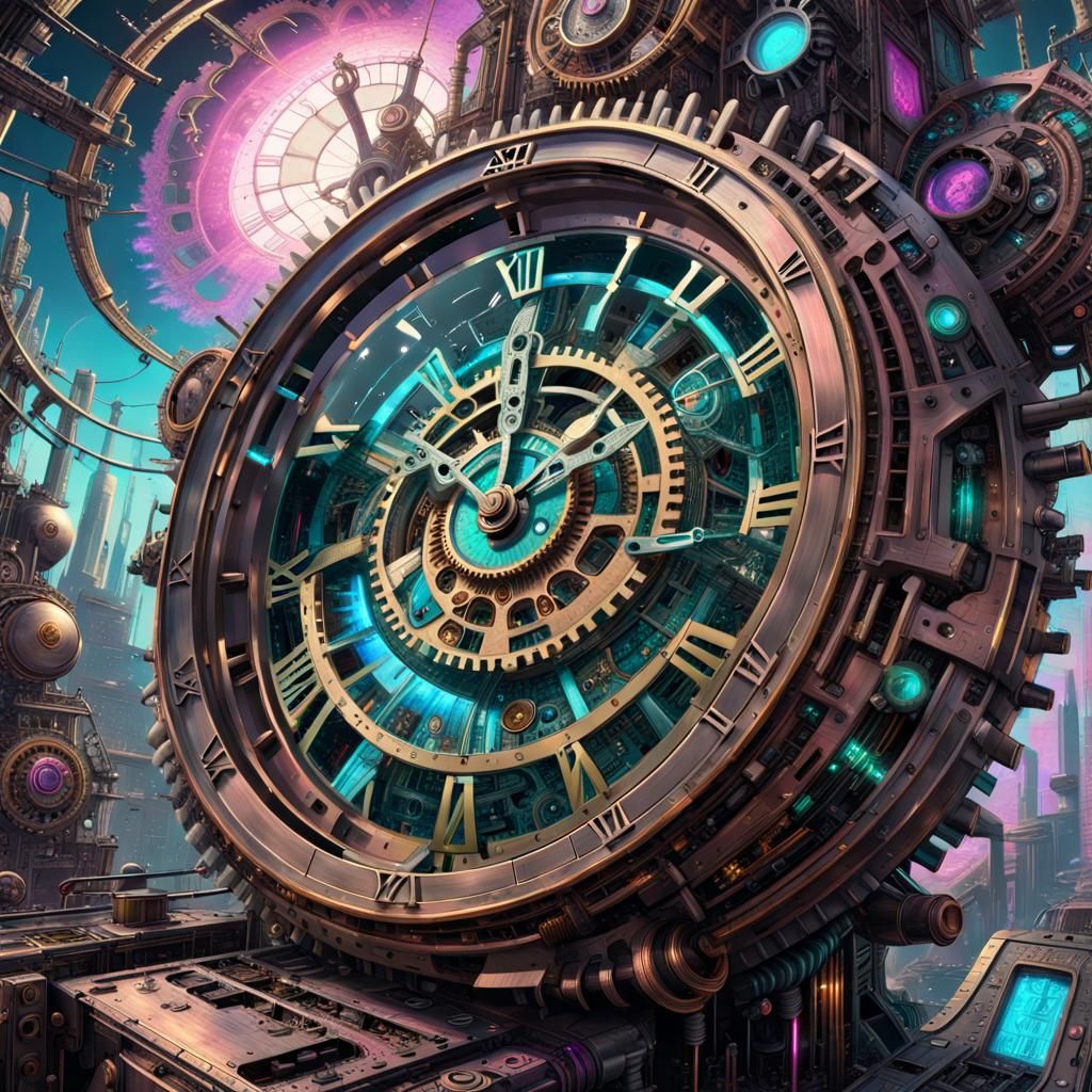Exploded Steampunk Clock in Cyberpunk Style