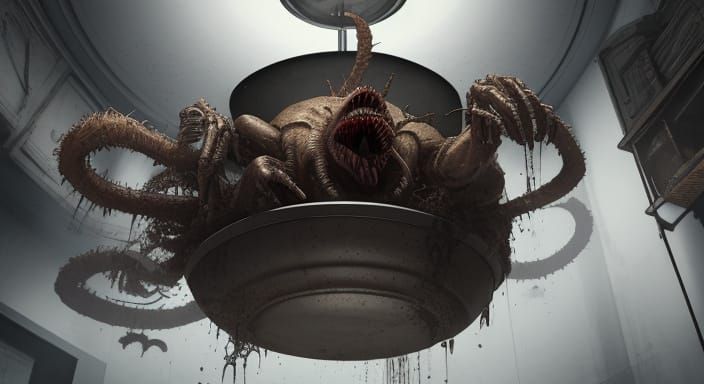 View from under a toilet upwards of giant spider legs creepi...