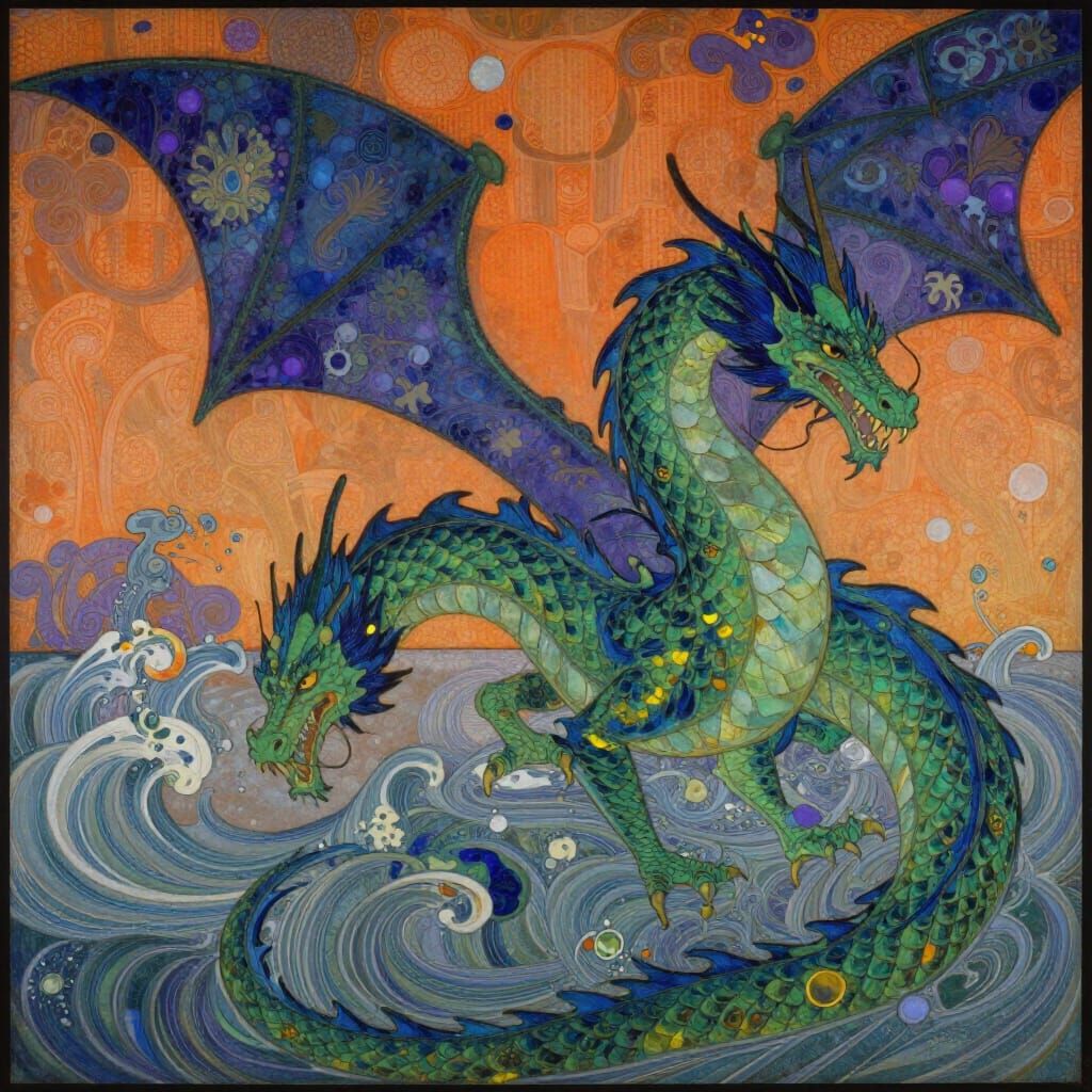 Green and Blue Dragon with Twilight Waves in Art Nouveau Sty...