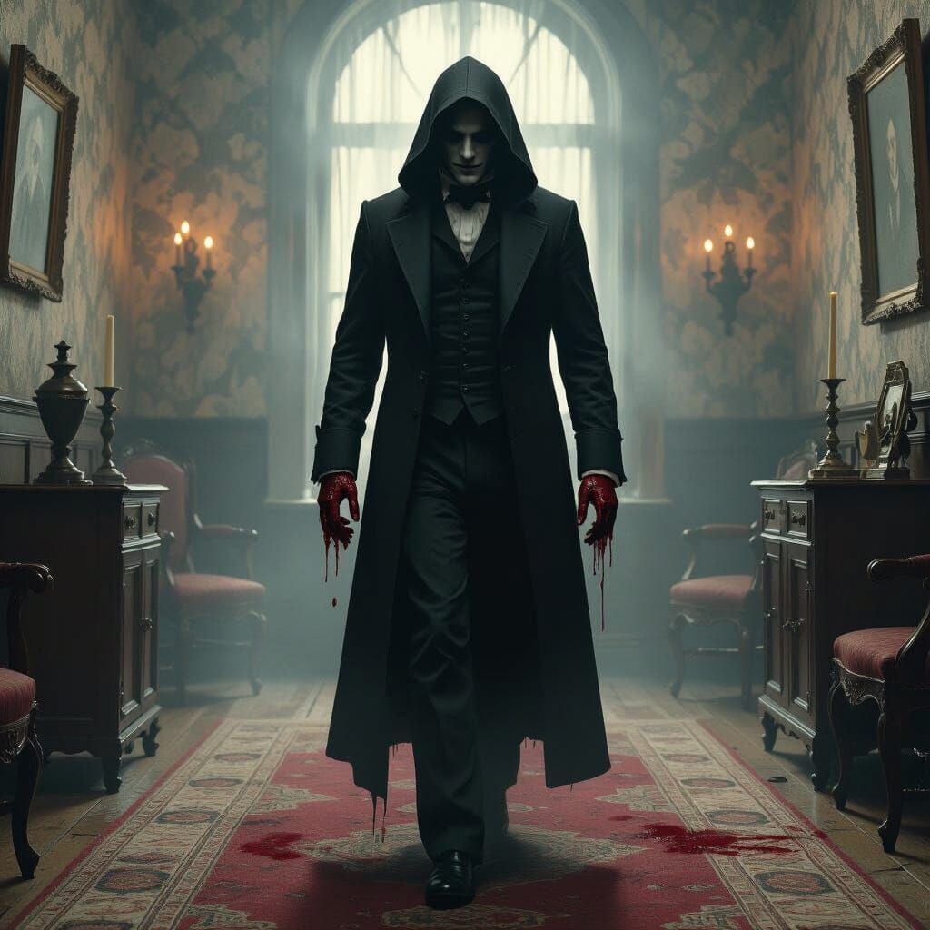 Shrouded Figure in Victorian Room, Dark Romanticism