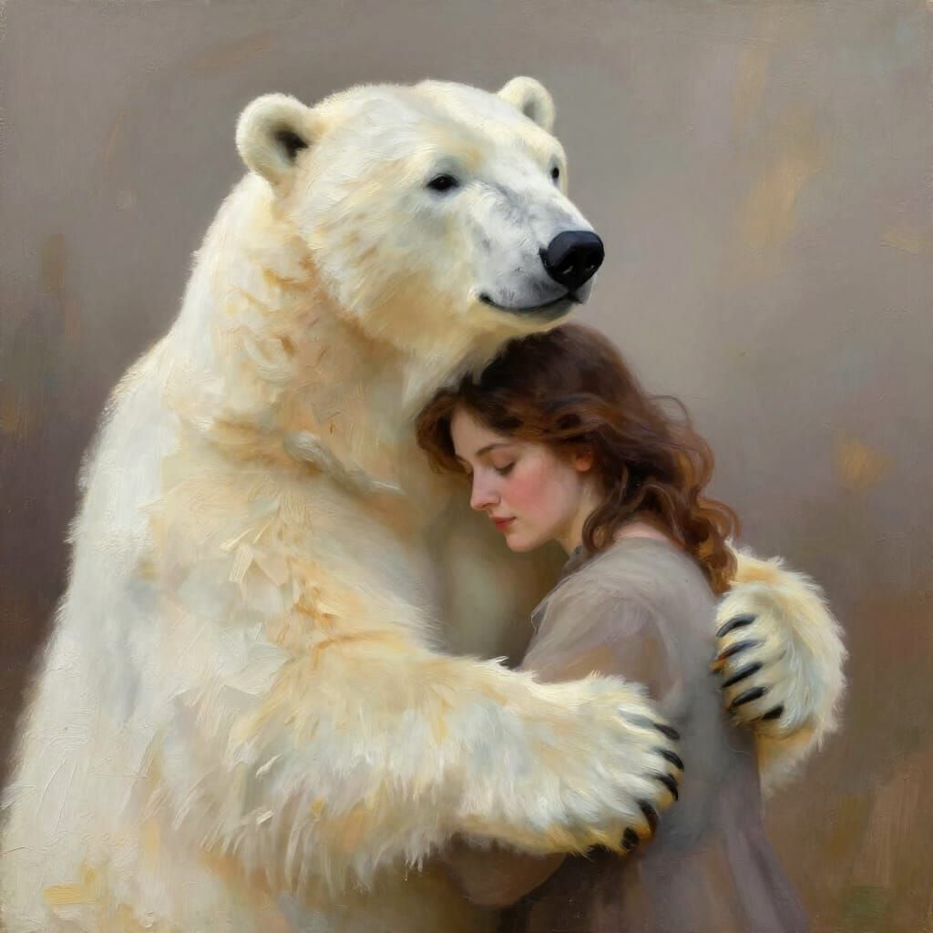 Woman Embraces Gentle Polar Bear in Soft Painting Style
