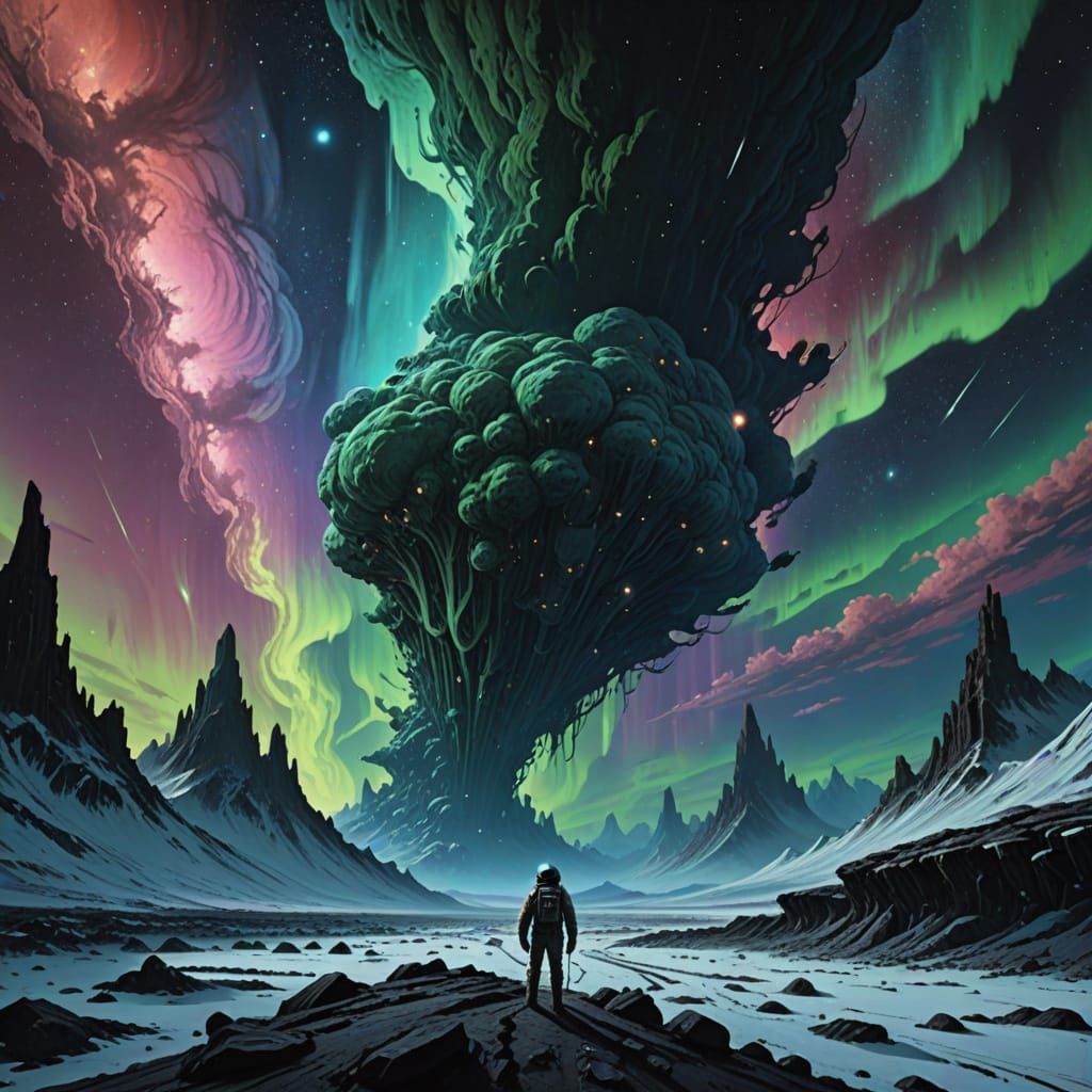 Astronaut on Alien Planet with Aurora, Digital Art